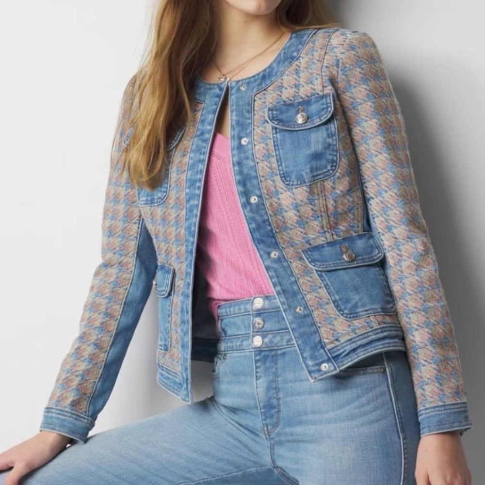 WHBM Pastel Woven Houndstooth Blue Denim Jacket Women's Size 8